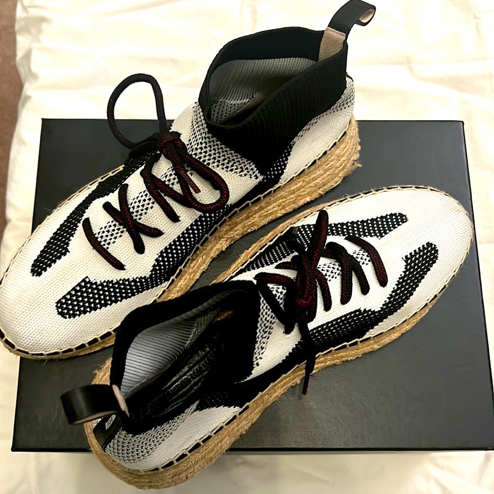 Alexander Wang White and Black Knit Espadrille Sneakers with Brown Laces